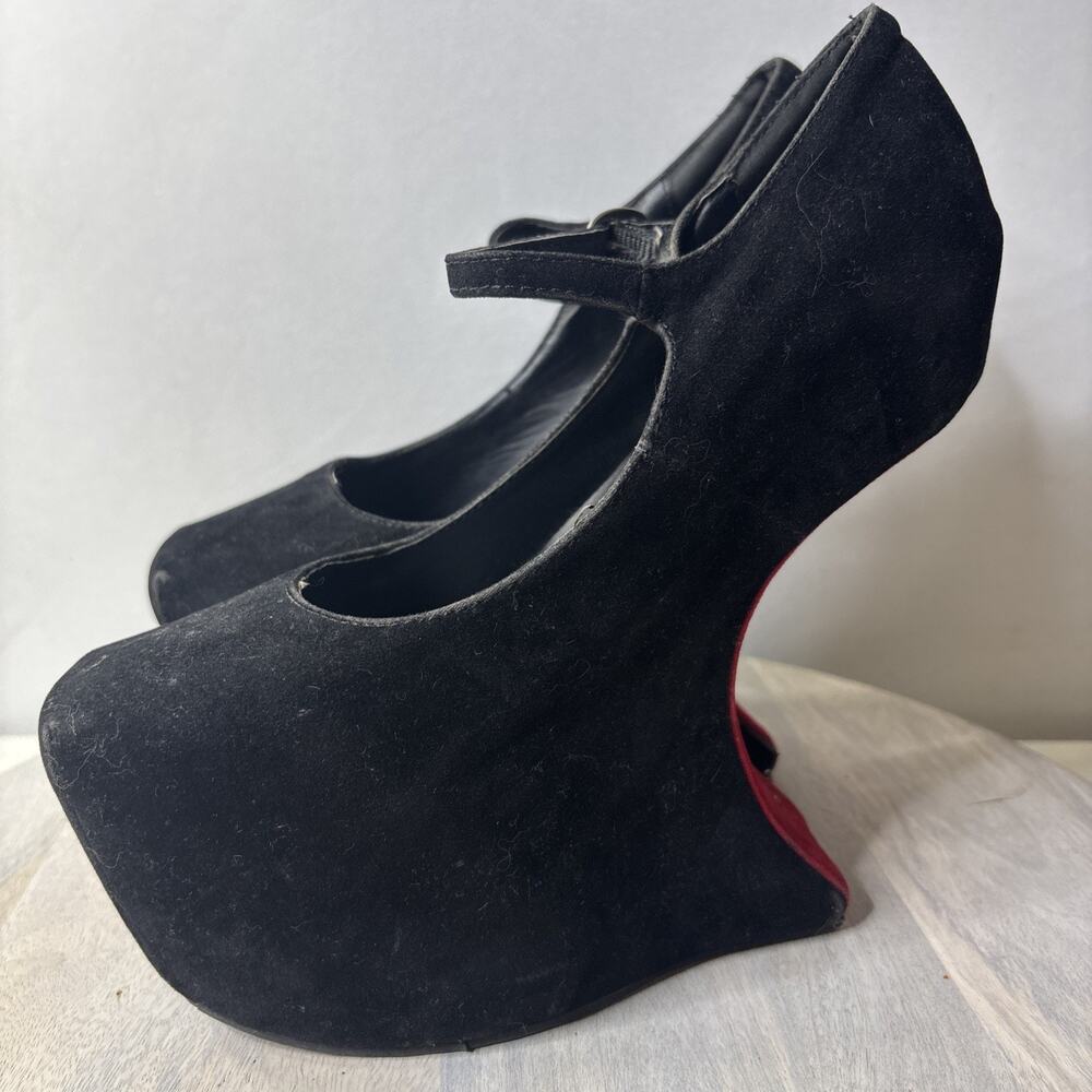 Black Platform Wedge Mary Jane Heels Womens Size 10 Faux Suede Gothic Punk - Picture 3 of 11